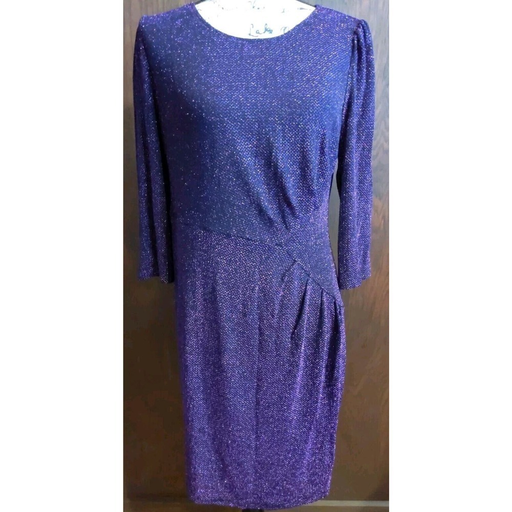 Formal Dressy Purple Glitter Sparkle Shift 3/4 Sleeve Ruched Dress Sz Large 12